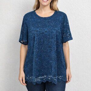 Teddi Rose Teal Floral Lace Overlay Blouse Short Sleeve Scalloped Hem Boho